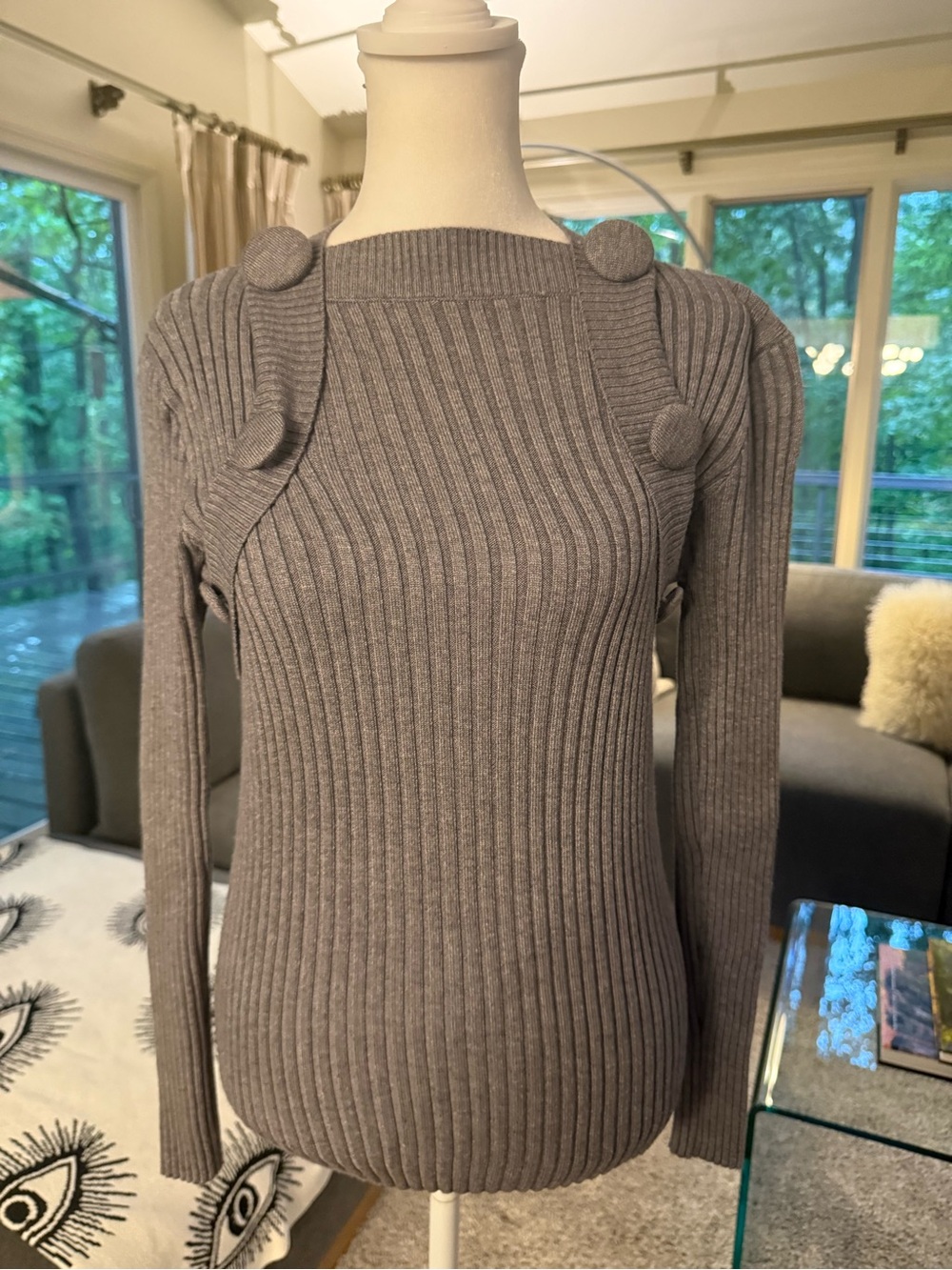 Ribbed Crewneck Sweater with Button-Shoulder Detail - Gray